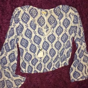Light Blue Patterned Tie Crop Top with Flowy Arms